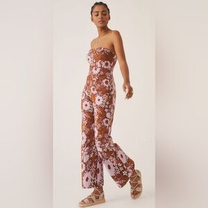 Anthropologie Brown and White Floral Jumpsuit